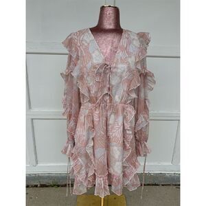 Ted Baker London BoHo Floral Ruffle Long Sleeve Romper Coral Size 6-8 V-Neck
